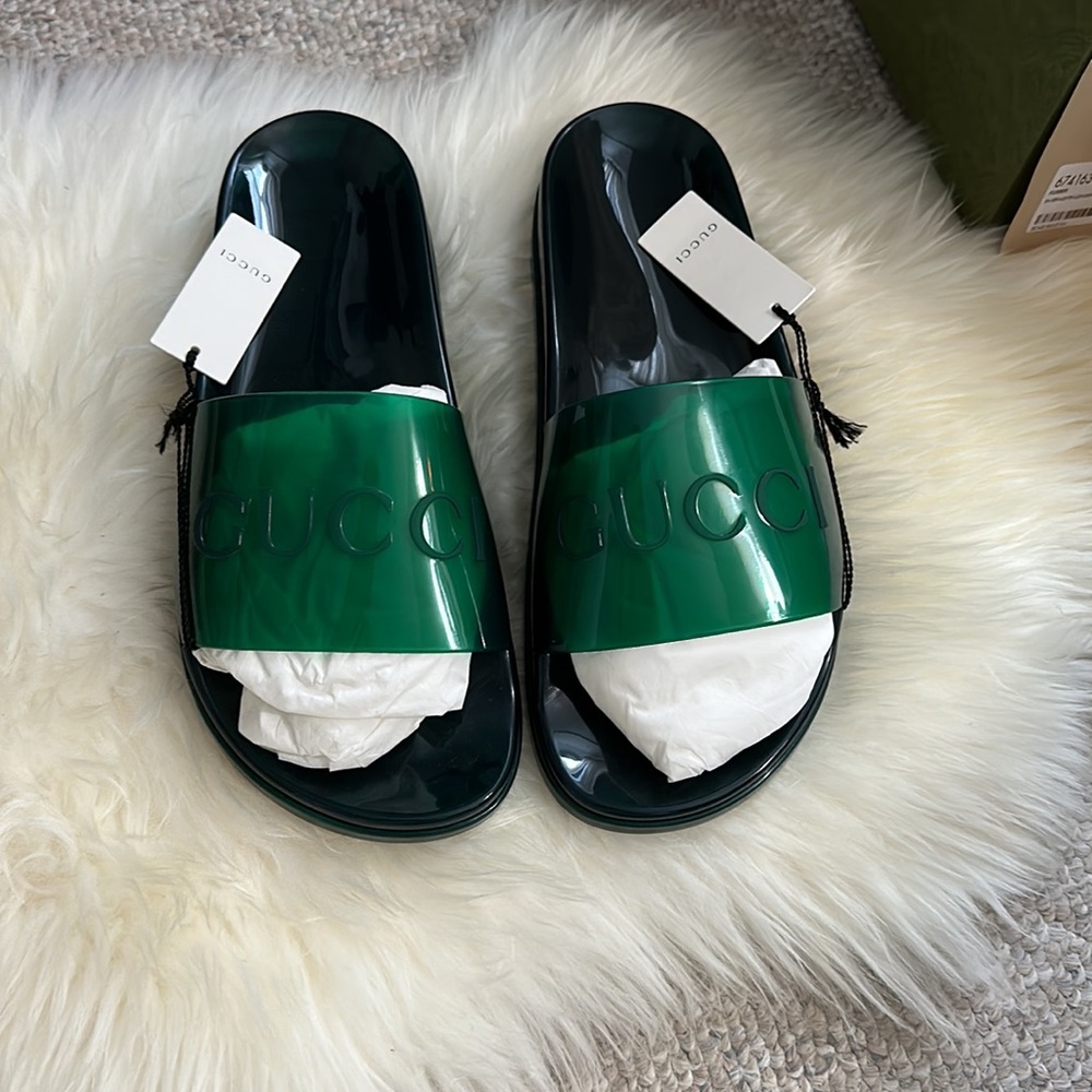 NIB Gucci Logo Rubber Slides Green Size 10 | $295